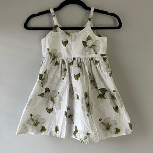 Vintage Pacific Legend Sun Dress Girls 5-6 White Green Hibiscus Hawaiian Cotton